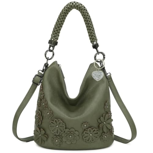 Flower Rope Slouch Umhängetasche - Kunstleder Floral Top Handle & Crossbody - Diamante Charm - Mehrere Fächer - 31 × 29 × 17 cm, olivgrün, 31 x 29 x 17 Centimeters von Love EMVY