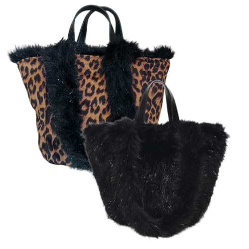 Love EMVY Leopard Teddy Reversible Tote Bag - Sparkly Finish, Super-Soft - 30 × 29 × 15 cm (H × B × T) - 2-in-1 Winter Shopper Handtasche, Schwarz , 30 x 29 x 15 Cm von Love EMVY