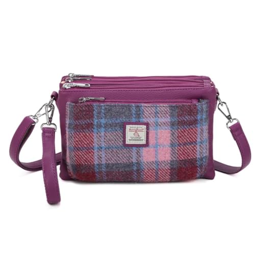 Love EMVY Signature Tartan Tweed Collection Crossbody Bag - Echter Harris Tweed-Wollstoff - 3 Reißverschlussfächer, verstellbarer Riemen - 27 × 19 × 9 cm, amethyst, 27 X 19 x 5 Centimeters von Love EMVY