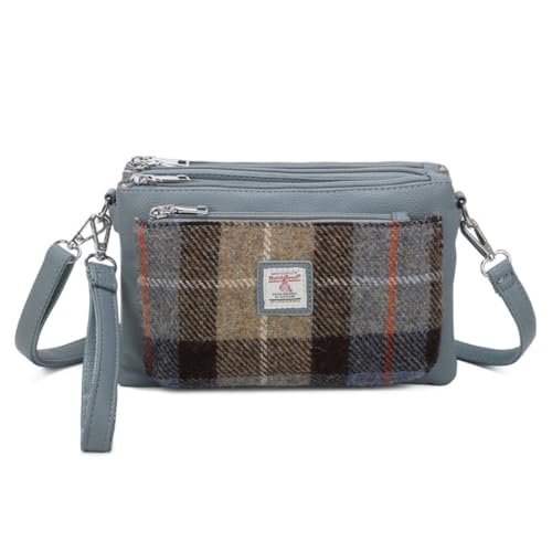 Love EMVY Signature Tartan Tweed Collection Crossbody Bag - Echter Harris Tweed-Wollstoff - 3 Reißverschlussfächer, verstellbarer Riemen - 27 × 19 × 9 cm, slate blue, 27 X 19 x 5 Centimeters von Love EMVY