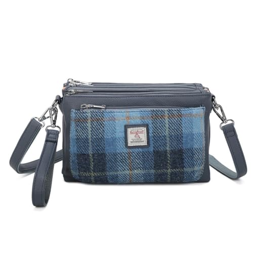 Love EMVY Signature Tartan Tweed Collection Crossbody Bag - Echter Harris Tweed-Wollstoff - 3 Reißverschlussfächer, verstellbarer Riemen - 27 × 19 × 9 cm, stahlblau, 27 X 19 x 5 Centimeters von Love EMVY