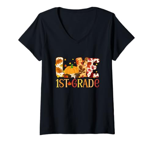 Damen Liebe Erste Klasse Fröhliches Herbst-Erntedankfest für Frauen, 1. Lehrerin T-Shirt mit V-Ausschnitt Damen Liebe Erste Klasse Fröhliches Herbst-Erntedankfest für Frauen, 1. Lehrerin T-Shirt mit V-Ausschnitt von Love First Grade Fall Thanksgiving 1st Teacher