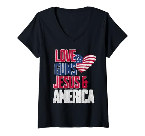 Damen Love Guns Jesus and America USA Independence Day 4. Juli T-Shirt mit V-Ausschnitt Damen Love Guns Jesus and America USA Independence Day 4. Juli T-Shirt mit V-Ausschnitt von Love Guns Jesus And America USA Independence