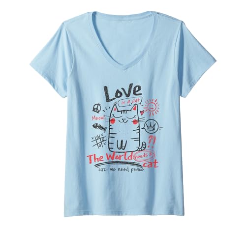Damen Die Welt braucht eine Katze Liebe und Frieden Coole Katzenliebhaber T-Shirt mit V-Ausschnitt Damen Die Welt braucht eine Katze Liebe und Frieden Coole Katzenliebhaber T-Shirt mit V-Ausschnitt von Love Is A Cat World Peace Funny Cat Lovers
