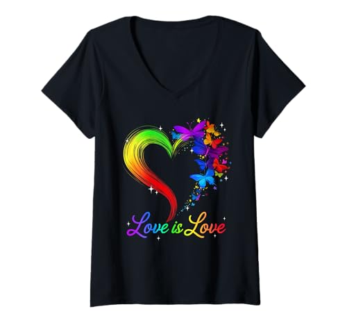 Damen Love Is Love LGBT Schmetterling Herz Regenbogen Schwul Lesben Stolz T-Shirt mit V-Ausschnitt Damen Love Is Love LGBT Schmetterling Herz Regenbogen Schwul Lesben Stolz T-Shirt mit V-Ausschnitt von Love Is Love LGBT Butterfly Heart Rainbow LAT
