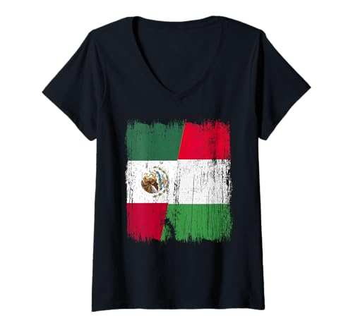 Damen Mexiko Italien halbe Flagge Stolz Mexikanisch Italien Stolz T-Shirt mit V-Ausschnitt von Love Italia Italy Flag Designs Proud Italian Roots