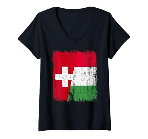 Damen Schweiz Italien Halbflagge Stolz Schweiz Italien Stolz T-Shirt mit V-Ausschnitt Damen Schweiz Italien Halbflagge Stolz Schweiz Italien Stolz T-Shirt mit V-Ausschnitt von Love Italia Italy Flag Designs Proud Italian Roots
