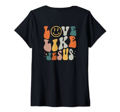 Damen Groovy Love Like Jesus religiöser Gott christliche Worte auf der Rückseite T-Shirt mit V-Ausschnitt Damen Groovy Love Like Jesus religiöser Gott christliche Worte auf der Rückseite T-Shirt mit V-Ausschnitt von Love Like Jesus Christian Tee