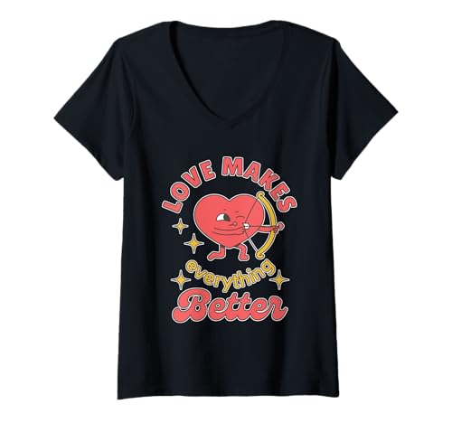 Damen Liebe Macht Alles Besser, süßer Herz-Amor-Valentinstag T-Shirt mit V-Ausschnitt von Love Makes Everything Better Heart Cupid Valentine