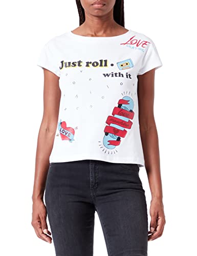 Love Moschino Damen Boxy Fit Short Sleeves With "Just Roll With It" Print T Shirt, Optical White, 40 EU von Love Moschino