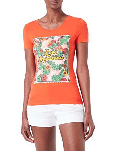 Love Moschino Damen Korte mouwen in stretch katoenen jersey met cactus en logo T Shirt, Orange, 44 EU von Love Moschino