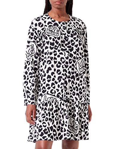 Love Moschino Damen Long Sleeves in Fluid Stretch Viscose Fabric With Brand Animalier Allover Print Dress, Beige Black, 46 EU von Love Moschino