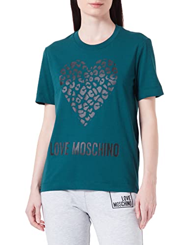 Love Moschino Damen Regular Fit Short Sleeves With Maxi Animalier Heart And Logo T Shirt, Grün, 44 EU von Love Moschino