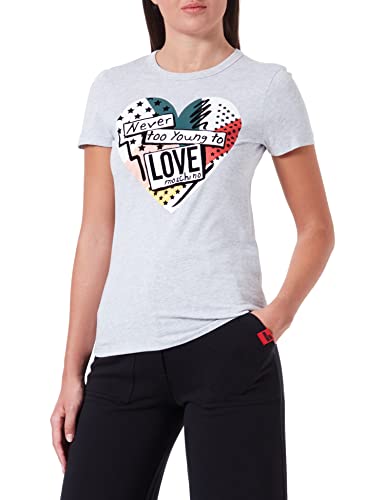 Love Moschino Damen Slim Fit Short Sleeves T-shirt With Patchwork Heart Print T Shirt, Melange Light Gray, 40 EU von Love Moschino