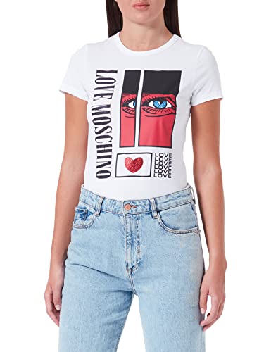 Love Moschino Damen Slim Fit Short Sleeves With Eye And Sequins Print T Shirt, Optical White, 46 EU von Love Moschino