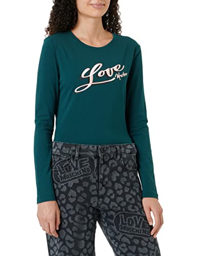Love Moschino Damen Tight-fitting Long Sleeves With Brand Signature Print T Shirt, Grün, 38 EU von Love Moschino