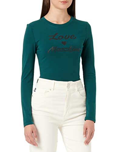 Love Moschino Damen Tight-fitting Long Sleeves With Cursive Brand Print T Shirt, Grün, 44 EU von Love Moschino