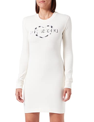 Love Moschino Damen Tight-fitting Long Sleeves in Stretch Cotton-modal Fleece With Heart Olographic Print Dress, Cream, 40 EU von Love Moschino