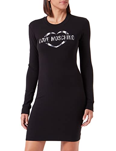 Love Moschino Damen Tight-fitting Long Sleeves in Stretch Cotton-modal Fleece With Heart Olographic Print Dress, Schwarz, 38 EU von Love Moschino