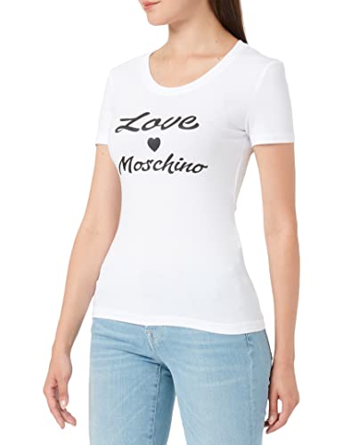 Love Moschino Damen Tight-fitting Short Sleeves With Cursive Brand Print T Shirt, Optical White, 40 EU von Love Moschino