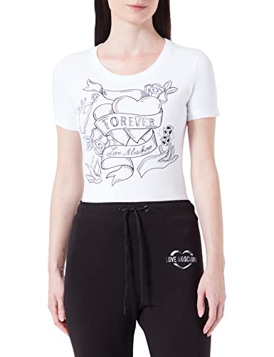 Love Moschino Damen Tight-fitting Short Sleeves With Transparent Rhinestones T Shirt, Optical White, 40 EU von Love Moschino