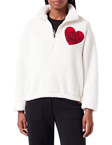 Love Moschino Damen Zipped Collar in Eco Teddy Fur With Heart Patch. Sweatshirt, Cream, 46 EU von Love Moschino