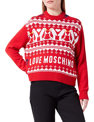 Love Moschino Regular fit Long-Sleeved Roundneck Pullover in Wool Blend, 7 Gauge, with Allover Hearts and Penguins Jacquard Intarsia Front and Back, solid Colour Sleeves. von Love Moschino