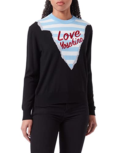 Love Moschino Women's Regular fit Long-Sleeved Roundneck with Striped Pattern Mountain Profile Intarsia and Love Embroidery Pullover Sweater, Black, 40 von Love Moschino