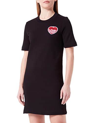 Short-Sleeved T-Shape Dress in Stretch Cotton Fleece, Customized with Embroidered Love Storm Knit Effect Heart Patch. von Love Moschino