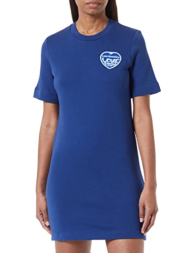 Love Moschino Women's Short-Sleeved t-Shape Customized with Embroidered Love Storm Knit Effect Heart Patch Dress, Blue, 40 von Love Moschino