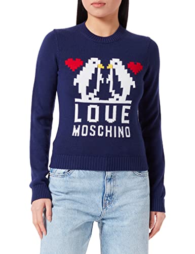 Love Moschino Women's Slim fit Long-Sleeved with Love Penguins Jacquard Intarsia Pullover Sweater, Dark Blue, 44 von Love Moschino