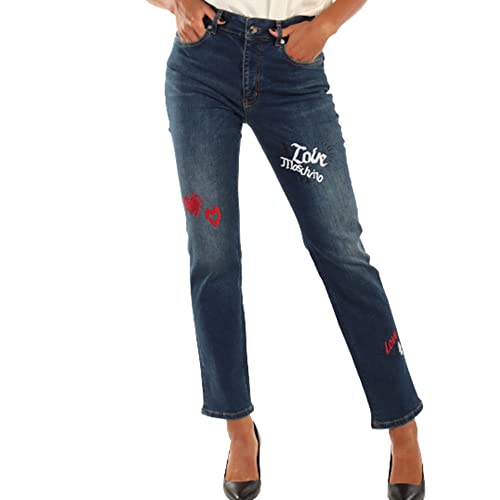 Love Moschino Women's Straight Leg fit 5 pocketswith Love Embroideries Mix Jeans, Blue Denim, 29 von Love Moschino