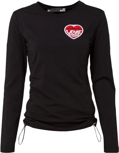 Love Moschino Women's Tight Long Sleeves Sides Curled by Logo Elastic Drawstring and with Embroidered Love Storm Heart Patch T-Shirt, Black, 40 von Love Moschino