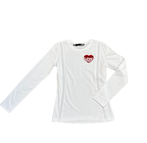 Love Moschino Women's Tight Long Sleeves Sides Curled by Logo Elastic Drawstring and with Embroidered Love Storm Heart Patch T-Shirt, Optical White, 40 von Love Moschino