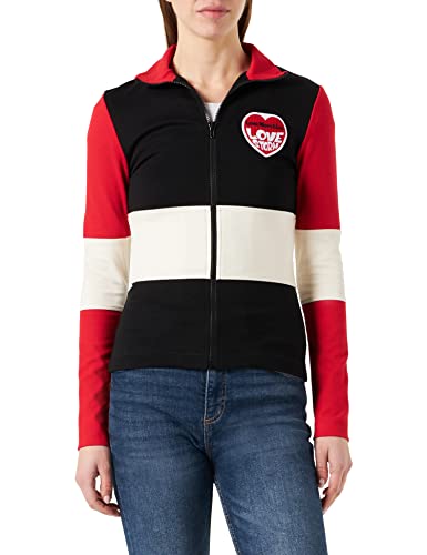 Love Moschino Women's Zippered in Viscose super Stretch Jersey, Customized with Embroidered Storm Knit Effect Heart Patch Jacket, Black White RED, 38 von Love Moschino