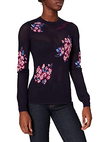 Love Moschino Womens Fitted Long Sleeves, in mesh Knit Stretch Viscose, 14 Gauge, with Intarsia Flowers. Pullover Sweater, F.BLU/FIO.Viola, 46 von Love Moschino