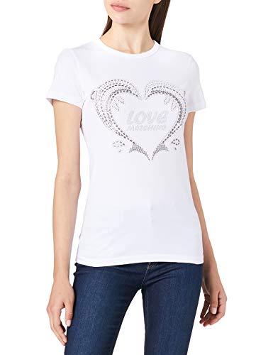 Love Moschino Womens Slim fit Short-Sleeves, Personalised with Dolphins and Logo hotfix 3D Silver Studs T-Shirt, Optical White, 40 von Love Moschino
