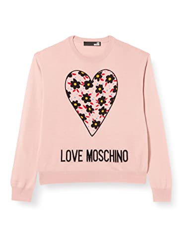 Love Moschino Womens with Heart 80' s Flowers Jacquard and Logo Intarsia Long Sleeve Round Neck Pullover, PINK, 40 von Love Moschino