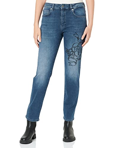 Moschino Damen Black Triblend Denim Personalised With Embroidered Tattoo Effect Heart Casual Pants, Blue Denim, 30 EU von Love Moschino