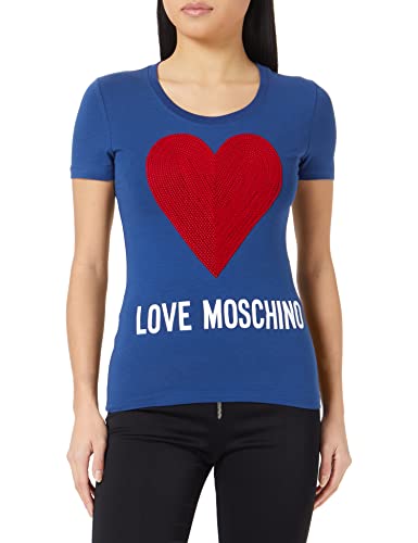 Tight-fit Short-Sleeved t-Shirt in Stretch Cotton Jersey with Maxi Heart with Embroidered Flock Sequins and institutional Logo Water Print. von Love Moschino