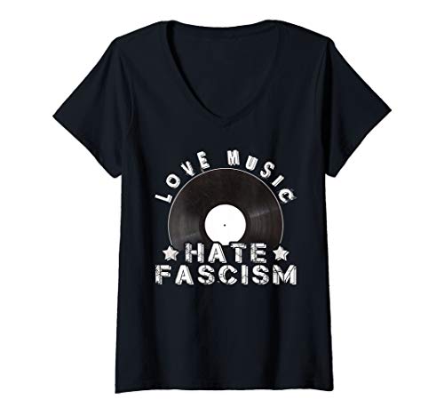 Damen Love Music Hate Fascism T-Shirt mit V-Ausschnitt Damen Love Music Hate Fascism T-Shirt mit V-Ausschnitt von Love Music Hate Fascism Shop