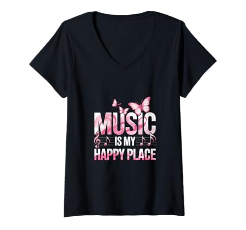 Damen Music Is My Happy Place Musiknoten Love Music T-Shirt mit V-Ausschnitt Damen Music Is My Happy Place Musiknoten Love Music T-Shirt mit V-Ausschnitt von Love Music Sign Musician Heart Love Music Shirt