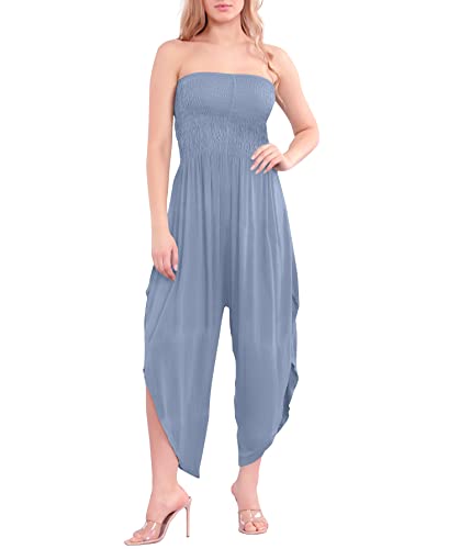 Love My Fashions® Damen Bandeau-Rüschen, dehnbar, leicht, Jumpsuits, Damen, weites Bein, fließender Strampler, schulterfrei, ärmellos, trägerlos, Sommer-Overalls, denim-blau, 14-16 von Love My Fashions