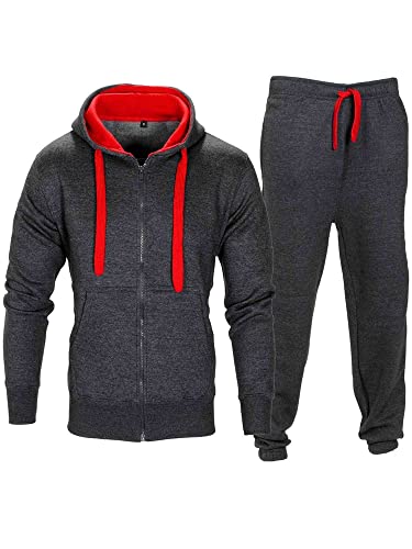 Love My Fashions® Herren Tracksuit Trainingsanzug g Set Kontrast Kabel Vlies Kapuzenpullover Oben Unterteile Joggen Postleitzahl Jogger Fitnessstudio Sport Hose, Charcoal/Red, XXL von Love My Fashions