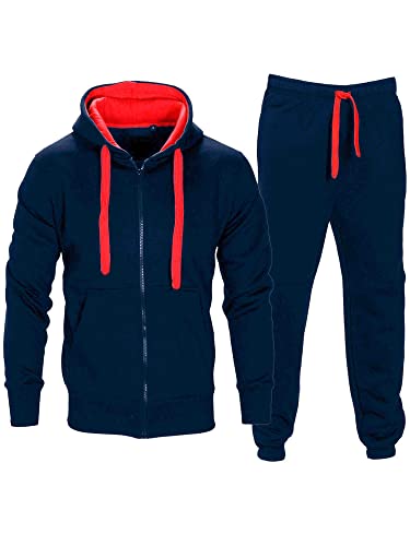 Love My Fashions® Herren Tracksuit Trainingsanzug g Set Kontrast Kabel Vlies Kapuzenpullover Oben Unterteile Joggen Postleitzahl Jogger Fitnessstudio Sport Hose, Navy/Red, XXL von Love My Fashions