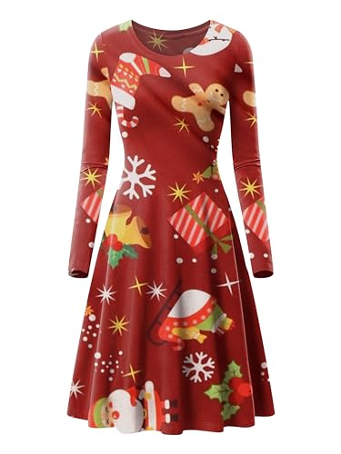 Love My Fashions® Weihnachtskleid Damen Lässig Rundhalsausschnitt Lange Ärmel küssendes Rentier, Weihnachtsmann, Schneemann, Baum, Lebkuchenstab, Sterne, Swing, lockere Passform von Love My Fashions