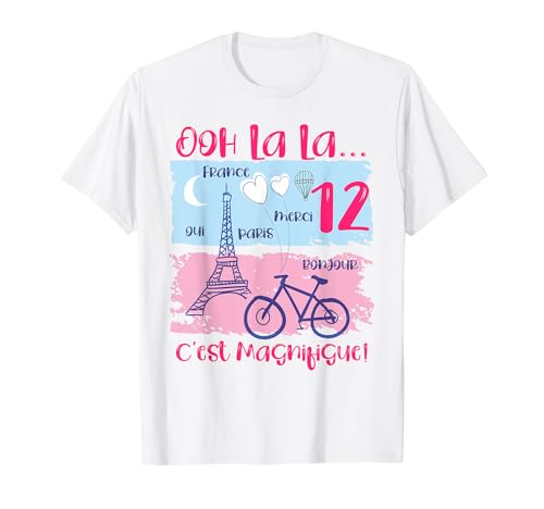 Geburtstag Mädchen Paris Motto Party Frankreich Eiffelturm 12 T-Shirt von Love Paris 12 year old