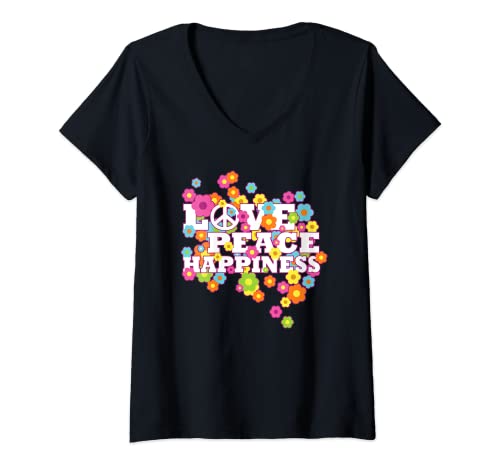 Damen Love Peace Happiness - 60er 70er Hippie Flowerpower T-Shirt mit V-Ausschnitt Damen Love Peace Happiness - 60er 70er Hippie Flowerpower T-Shirt mit V-Ausschnitt von Love Peace And Happiness Hippie