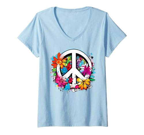 Damen Love Peace Flower Power Liebe Frieden Blumen 60er 70er Jahre T-Shirt mit V-Ausschnitt Damen Love Peace Flower Power Liebe Frieden Blumen 60er 70er Jahre T-Shirt mit V-Ausschnitt von Love Peace Flower Power Hippie Kostüm