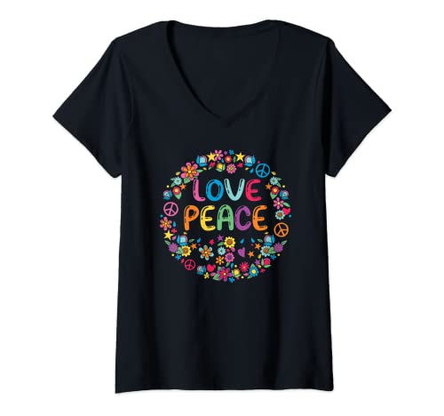 Damen Love Peace Flower Power Liebe Frieden Blumen 60er 70er Jahre T-Shirt mit V-Ausschnitt Damen Love Peace Flower Power Liebe Frieden Blumen 60er 70er Jahre T-Shirt mit V-Ausschnitt von Love Peace Flower Power Hippie Kostüm